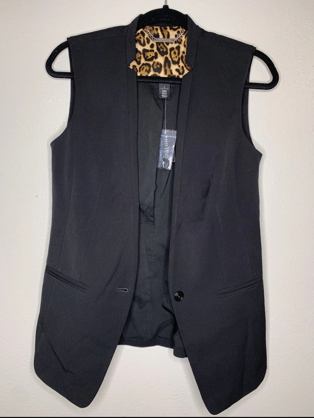 White House Black Market Black Sleeveless Blazer Vest with Leopard Trim